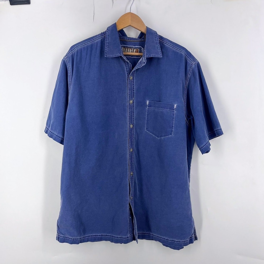Kahala Mens XL Blue Cotton Short Sleeve Button Down‎ Shirt Contrast Stitching